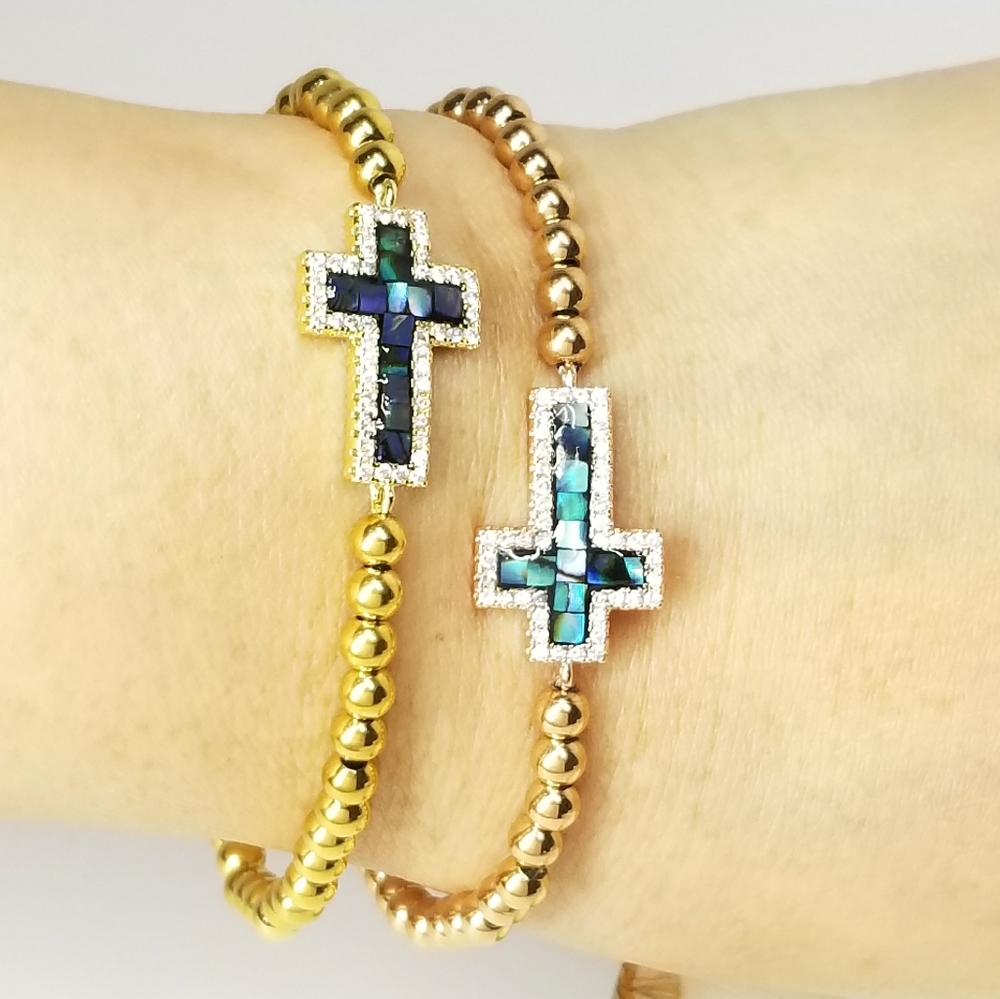 18K Gold Stainless Steel Pave CZ Cross Bracelet - Picture 10 of 10